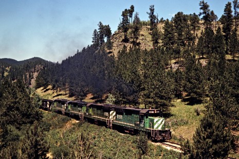 Southbound Burlington Northern Railroad freight train in Mystic, South Dakota, on July 16, 1980. Photograph by John F. Bjorklund, © 2015, Center for Railroad Photography and Art. Bjorklund-11-27-03