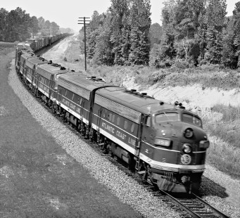 Six units power Atlantic Coast Line Railroad freight train northward near Smithfield, North Carolina, in July 1961. Photograph by J. Parker Lamb, © 2016, Center for Railroad Photography and Art. Lamb-01-092-11