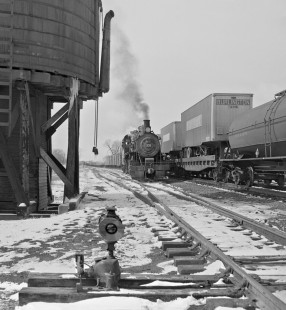 Bevier & Southern Railroad steam locomotive no. 109 passing a Chicago, Burlington & Quincy freight train at Bevier, Missouri, on March 6, 1959. Photograph by J. Parker Lamb, © 2015, Center for Railroad Photography and Art. Lamb-01-049-10