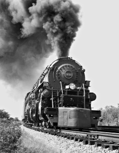 Southbound Norfolk and Western Railway steam locomotive no. 1215 leaves Columbus, Ohio, with empty hoppers in August 1956. Photograph by J. Parker Lamb, © 2015, Center for Railroad Photography and Art. Lamb-01-010-09