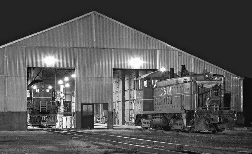 Chicago & Illinois Midland Railway shop at Springfield, Illinois, at night in August 1959. Photograph by J. Parker Lamb, © 2015, Center for Railroad Photography and Art. Lamb-01-054-08