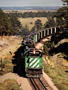 Westbound Burlington Northern Railroad coal train in Upton, Wyoming, on July 15, 1980. Photograph by John F. Bjorklund, © 2015, Center for Railroad Photography and Art. Bjorklund-11-25-21