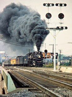 Nickel Plate Road 2-8-4 steam locomotive no. 765 pulling a westbound excursion train on the Baltimore and Ohio Railroad in Cincinnati, Ohio, on August 26, 1984. Photograph by John F. Bjorklund, © 2015, Center for Railroad Photography and Art. Bjorklund-17-15-07