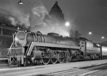 Westbound Canadian National Railway passenger train run, led by Bullet Nosed Betty 4-8-2 steam locomotive, ready to depart station at Toronto, Ontario, on July 4, 1958. Photograph by J. Parker Lamb, © 2015, Center for Railroad Photography and Art. Lamb-01-053-02