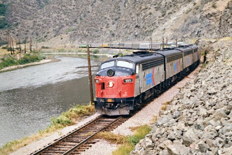 Eastbound Amtrak passenger train at Jefferson Canyon near Whitehall, Montana, on July 21, 1973. Photograph by John F. Bjorklund, © 2015, Center for Railroad Photography and Art. Bjorklund-08-09-15