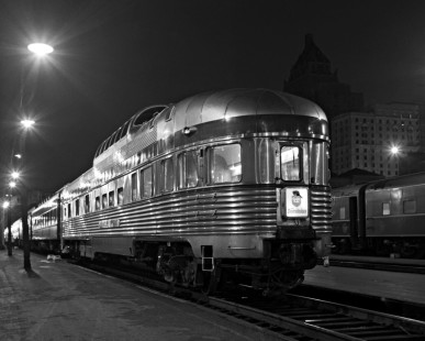 Observation car <i>Evangeline Park</i> on westbound Canadian Pacific Railway <i>Dominion</i> passenger train at station in Toronto, Ontario, on July 4, 1958. Photograph by J. Parker Lamb, © 2015, Center for Railroad Photography and Art. Lamb-01-060-01