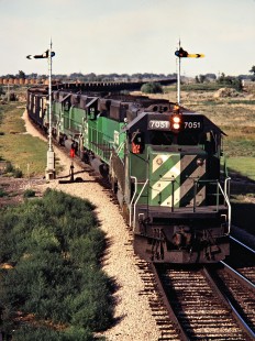 Eastbound Burlington Northern Railroad coal train in Tusler, Montana, on July 12, 1980. Photograph by John F. Bjorklund, © 2015, Center for Railroad Photography and Art. Bjorklund-11-17-03