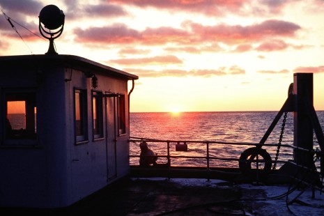 Eastbound <i>City of Milwaukee</i> car ferry on Lake Michigan in Milwaukee, Wisconsin, on March 1, 1980. Photograph by John F. Bjorklund, © 2015, Center for Railroad Photography and Art. Bjorklund-02-03-06