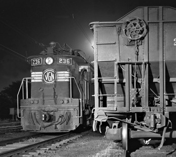 Ex-Virginian Railway locomotives rest in the Norfolk & Western's yard at Roanoke, Virginia, a few hours after completing last electrified trip on June 29, 1962. Photograph by J. Parker Lamb, © 2016, Center for Railroad Photography and Art. Lamb-01-091-05