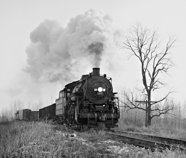 Illinois Central Railroad 2-8-2 no. 1537 leading the northbound Thebes Turn local freight train near Murphysboro, Illinois, on January 29, 1959. Photograph by J. Parker Lamb, © 2015, Center for Railroad Photography and Art. Lamb-01-028-05