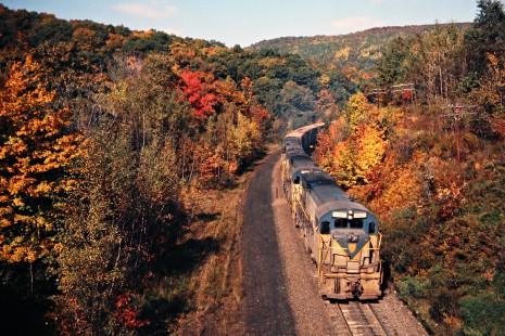 Westbound Delaware and Hudson Railway freight train in Forest City, Pennsylvania, on October 4, 1976. Photograph by John F. Bjorklund, © 2015, Center for Railroad Photography and Art. Bjorklund-18-22-20