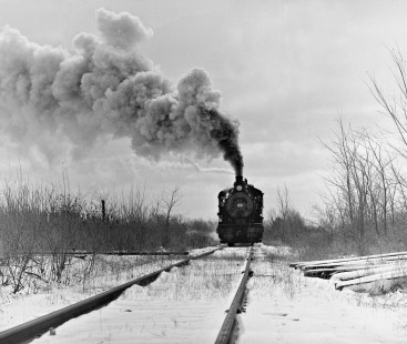 Bevier & Southern Railroad 2-6-0 steam locomotive no. 109 and train approaching Bevier, Missouri, on December 1, 1958. Photograph by J. Parker Lamb, © 2015, Center for Railroad Photography and Art. Lamb-01-049-05