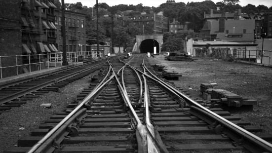 Double-slip switch where tracks one and two join at East Side Tunnel in Providence, Rhode Island, in 1952. Photograph by Leo King, © 2016, Center for Railroad Photography and Art. King-06-006-002