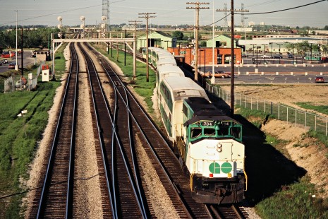 Westbound GO Transit commuter train on the Canadian National Railway in Pickering, Ontario, on May 26, 1980. Photograph by John F. Bjorklund, © 2015, Center for Railroad Photography and Art. Bjorklund-21-07-14