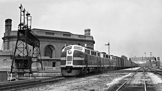 Santa Fe freight train "Extra 101 West" led by FT diesel locomotive no. 101 crosses the Rock Island at Joliet, Illinois, on August 4, 1949. Photograph by Wallace W. Abbey, © 2015, Center for Railroad Photography and Art. Abbey-01-079-03
