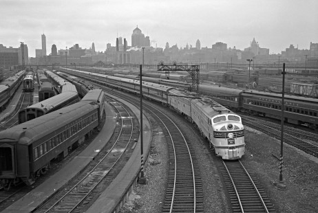 The new "Mid-Century" <i>Empire Builder</i> passenger train is prepared at Chicago's Fourteenth Street coach yard for departure on its inaugural run on October 9, 1950. Photograph by Wallace W. Abbey, © 2015, Center for Railroad Photography and Art. Abbey-01-140-08