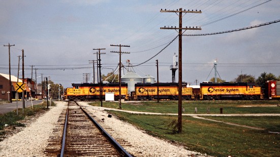 Westbound Baltimore and Ohio Railroad in Mitchell, Indiana, on October 13, 1985. Photograph by John F. Bjorklund, © 2015, Center for Railroad Photography and Art. Bjorklund-17-20-14