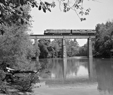 Westbound New York Central Railroad <i>Southwestern Limited</i> passenger train speeds across Embarras River near Charleston, Illinois, in June 1959. Photograph by J. Parker Lamb, © 2015, Center for Railroad Photography and Art. Lamb-01-066-07