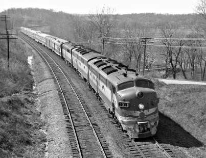 Eastbound Missouri Pacific Railroad <i>Colorado Eagle</i> passenger train approaches Kirkwood, Missouri, on March 7, 1959. Photograph by J. Parker Lamb, © 2015, Center for Railroad Photography and Art. Lamb-01-061-05