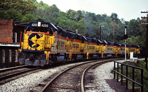 Westbound Baltimore and Ohio Railroad freight train in Flemington, West Virginia, on May 21, 1984. Photograph by John F. Bjorklund, © 2015, Center for Railroad Photography and Art. Bjorklund-17-01-02