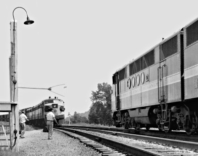 Missouri Pacific Railroad Alco FA diesel locomotive no. 311 departs Gale, Illinois, on southward run as St. Louis-bound train waits on August 9, 1958. Photograph by J. Parker Lamb, © 2015, Center for Railroad Photography and Art. Lamb-01-061-10