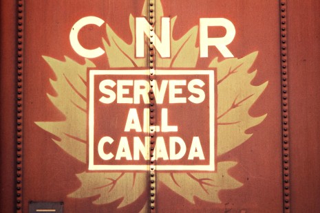 Logo on Canadian National Railway freight car in Wyoming, Ontario, on February 4, 1973. Photograph by John F. Bjorklund, © 2015, Center for Railroad Photography and Art. Bjorklund-19-14-20