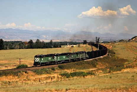 Southbound Burlington Northern Railroad coal train near Denver, Colorado, in July, 1978. Photograph by John F. Bjorklund, © 2015, Center for Railroad Photography and Art. Bjorklund-10-02-01