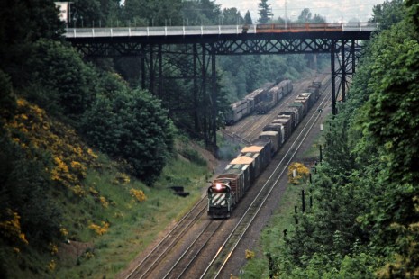 Burlington Northern Railroad freight train near Portland, Oregon, on May 22, 1976. Photograph by John F. Bjorklund, © 2015, Center for Railroad Photography and Art. Bjorklund-09-17-05