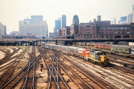 Santa Fe Railway switcher backing Amtrak passenger train no. 15, the <i>Texas Chief</i>, into Union Station in Chicago, Illinois, on July 4, 1971. Photograph by John F. Bjorklund, © 2015, Center for Railroad Photography and Art. Bjorklund-04-05-03