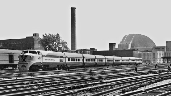 New York Central's Cleveland-bound <i>X-plorer</i> passenger train leaves Cincinnati Union Terminal, Ohio, in July 1956. Photograph by J. Parker Lamb, © 2015, Center for Railroad Photography and Art. Lamb-01-023-01