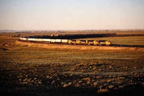 Westbound Santa Fe Railway freight train in Willard, New Mexico,  on May 5, 1986. Photograph by John F. Bjorklund, © 2015, Center for Railroad Photography and Art. Bjorklund-05-06-07