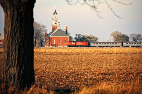 Westbound Canadian National Railway passenger train in Stoney Point, Ontario, on November 9, 1974. Photograph by John F. Bjorklund, © 2015, Center for Railroad Photography and Art. Bjorklund-20-01-01