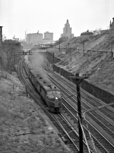 New York, New Haven and Hartford passenger train on at Orms Interlocking in Providence, Rhode Island, some time between 1950 and 1955. Photograph by Leo King, © 2016, Center for Railroad Photography and Art. King-01-038-003