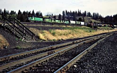 Westbound Burlington Northern Railroad freight train in Marshall, Washington, on July 16, 1983. Photograph by John F. Bjorklund, © 2015, Center for Railroad Photography and Art. Bjorklund-12-07-12