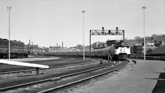 New York, New Haven and Hartford <i>John Quincy Adams</i> passenger train possibly on a test run, approaching Union Station at Providence, Rhode Island, circa 1956-1957. Photograph by Leo King, © 2016, Center for Railroad Photography and Art. King-01-069-002