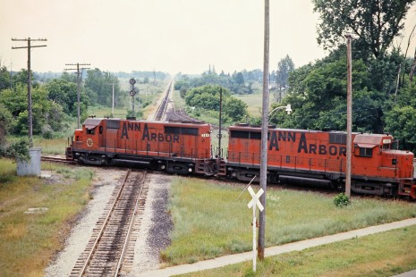 Southbound Ann Arbor Railroad freight train in Thompsonville, Michigan, on July 10, 1976. Photograph by John F. Bjorklund, © 2015, Center for Railroad Photography and Art. Bjorklund-03-18-01