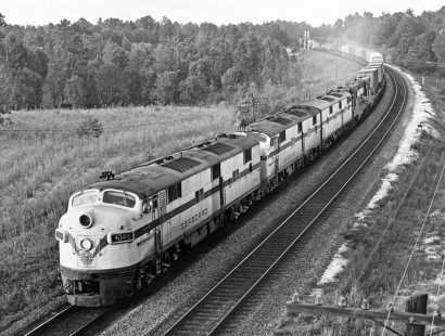 Southbound Seaboard Air Line Railroad train no. 75 speeds downgrade toward Aberdeen, North Carolina, on July 7, 1962. Photograph by J. Parker Lamb, © 2016, Center for Railroad Photography and Art. Lamb-01-072-01