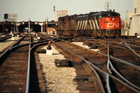 Canadian National Railway locomotives in Toronto, Ontario, on May 8, 1976. Photograph by John F. Bjorklund, © 2015, Center for Railroad Photography and Art. Bjorklund-20-13-15