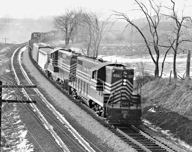 On a winter morning in 1959, an eastbound Nickel Plate Road freight train leaves Charleston, Illinois. Photograph by J. Parker Lamb, © 2015, Center for Railroad Photography and Art. Lamb-01-059-01