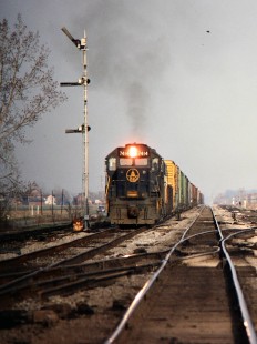 Westbound Baltimore and Ohio Railroad freight train in Hamler, Ohio, on April 22, 1979. Photograph by John F. Bjorklund, © 2015, Center for Railroad Photography and Art. Bjorklund-16-10-04