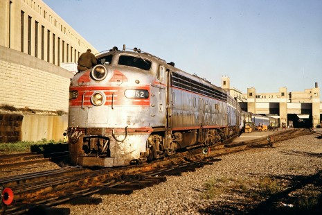 Amtrak passenger train with Burlington Northern equipment stopped in Minneapolis, Minnesota, on September 2, 1972. Photograph by John F. Bjorklund, © 2015, Center for Railroad Photography and Art. Bjorklund-07-25-07