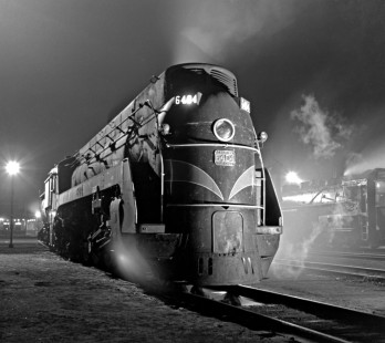 Streamlined Canadian National 4-8-4 steam locomotive no. 6404 at Toronto's Spadina roundhouse on the night of July 4, 1958. Photograph by J. Parker Lamb, © 2015, Center for Railroad Photography and Art. Lamb-01-052-12