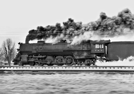 Illinois Central Railroad 4-8-2 steam locomotive no. 2613 leading the southbound Cairo Turn local freight train south of Carbondale, Illinois, on the morning of December 28, 1959. Photograph by J. Parker Lamb, © 2015, Center for Railroad Photography and Art. Lamb-01-030-03