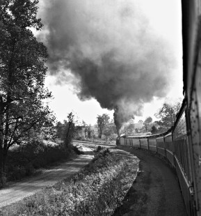 Baltimore and Ohio Railroad steam locomotive no. 5310 leading passenger train on fan trip east of Dayton, Ohio, first leg eastward to Washington Court House and then south to Chillicothe on October 7, 1956. Photograph by J. Parker Lamb, ©2015, Center for Railroad Photography and Art. Lamb-01-001-07