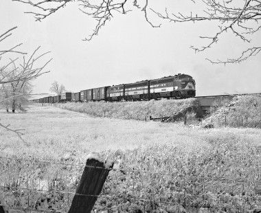 Wabash Railroad eastbound freight train crossing the frozen landscape near Sidney, Illinois, in March 1960. Photograph by J. Parker Lamb, © 2015, Center for Railroad Photography and Art. Lamb-01-036-01