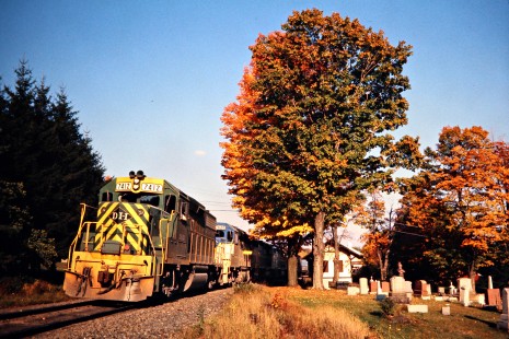 Westbound Delaware and Hudson Railway freight train with former Reading locomotive in Thompson, Pennsylvania, on October 4, 1976. Photograph by John F. Bjorklund, © 2015, Center for Railroad Photography and Art. Bjorklund-18-22-14