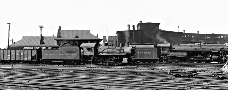 Norfolk and Western Railway 4-8-0 steam locomotive at roundhouse in Columbus, Ohio, in August 1956. Photograph by J. Parker Lamb, © 2015, Center for Railroad Photography and Art. Lamb-01-011-02