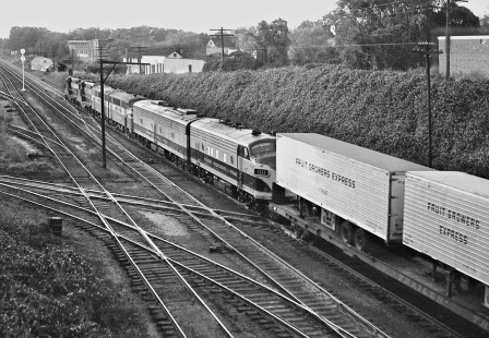 Southbound Seaboard Air Line Railroad expediter no. 27, with two Richmond, Fredericksburg & Potomac locomotives, passes Boylan tower at Raleigh, North Carolina, en route to Florida and Southeastern cities in May 1962. Photograph by J. Parker Lamb, © 2016, Center for Railroad Photography and Art. Lamb-01-069-03