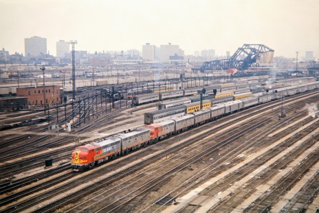 Amtrak passenger train no. 4, the eastbound <i>Super Chief/El Capitan</i>, arriving in Chicago, Illinois, on April 2, 1972. Amtrak service is less than one year old, and train is still comprised entirely of Santa Fe equipment. Photograph by John F. Bjorklund, © 2015, Center for Railroad Photography and Art. Bjorklund-04-08-04