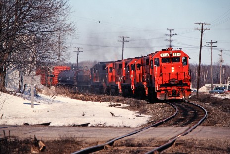 Southbound Ann Arbor Railroad freight train in McBain, Michigan, on March 27, 1982. Photograph by John F. Bjorklund, © 2015, Center for Railroad Photography and Art. Bjorklund-02-15-10